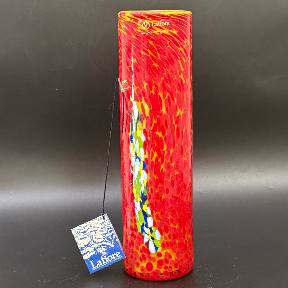 LAFIORE Mallorca Handcrafted Blown Glass Orange Yellow Cylindrical 11” Vase